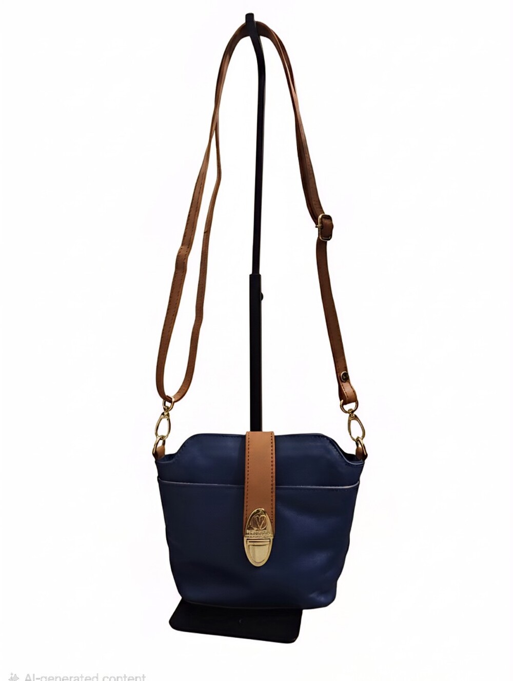 VALENTINA Navy Blue Crossbody Bag with Tan Strap